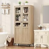IDEALHOUSE Tall Storage Cabinet with Glass Doors, 63' Height, Adjustable Shelf, Light Oak Wood, Multi-Purpose Organizer for Kitchen Pantry and Bathroom