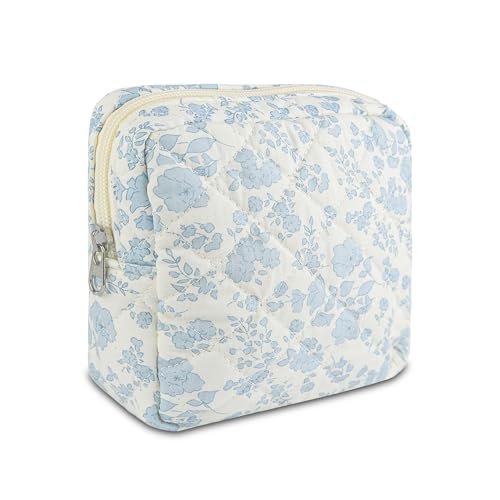 AMZMA Small Quilted Makeup Bag Mini Floral Pouch for Purse Cute Travel Toiletry Organizer Cotton Cosmetic Pouch with Slip-in Pockets