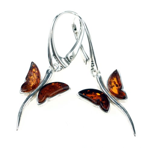 Genuine Baltic Honey Amber and .925 Silver Butterfly Earrings