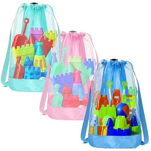 Borsa da spiaggia per bambini, 3 pezzi portaoggetti in rete, grande giocattoli in maglia, diversi colori, ideale per le vacanze estive