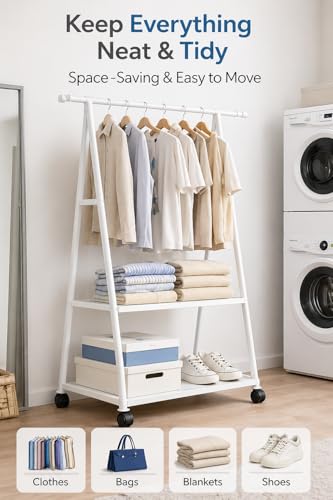 Image of AARKRI SALES 3-Tier Clothes Rack with Wheels, Double Hanging Rod Garment Rack, Multi-Layer Shoe Storage Organizer, Heavy Duty Metal Frame with Hooks for Bedroom Entryway (Triangular Shoe and Hat Rack)