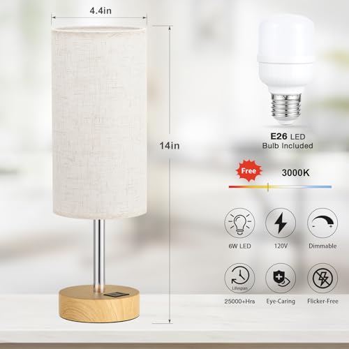 image for Dicoool Touch Bedside Table Lamp with USB - 3 Way Dimmable Wood Lamp f