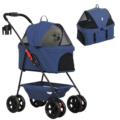 PawHut 3 in 1 Passeggino per Cani di Taglia Mini, Carrello Passeggino Pieghevole con Borsa Trasportino e Cestino Inferiore, Carrozzina per Cani Piccoli e Gatti con Guinzaglio e Portabicchieri, Blu