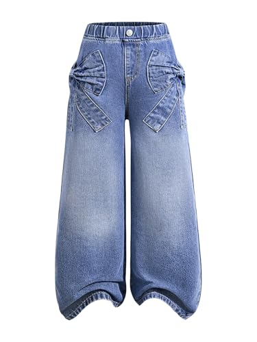 Girl's Baggy Jeans Cute Casual Bowknot Elastic Waist Straight Leg Denim Pants Trousers