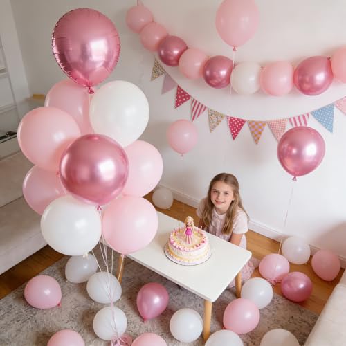Image of Pink and White Balloons, 60 Pieces Pink Balloon White Latex Balloon for Girl Women Birthday Party