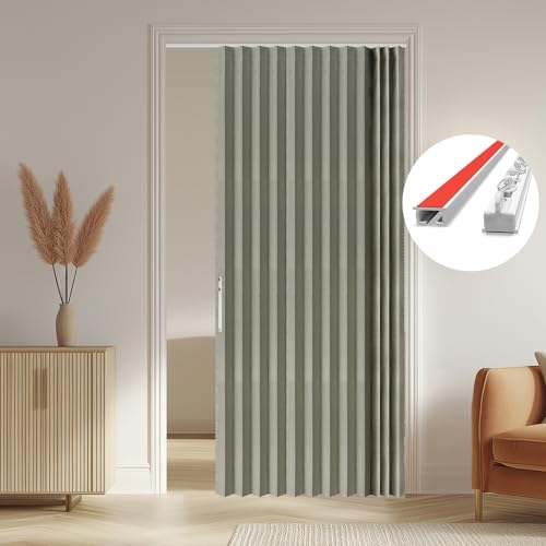 Image of AJAZZ 100% Blackout Accordion Door Invisible Folding Doors Interior Magnetic Door Curtain for Bedroom Living Room Kitchen Doors Curtains Sets Included Tracks (1Panel, 53W x 79 L, Grey)