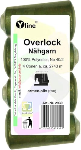 2939 Lot de 4 bobines de fil à coudre Overlock, Vert olive militaire, 2743 m, NE 40/2, 100 % polyester