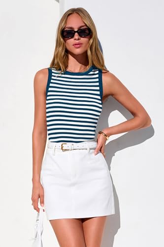 Image of PRETTYGARDEN Summer High Neck Striped Tank Tops for Women Casual Sleeveless Sweaters Basic Ribbed Knit Slim Fitted Shirts