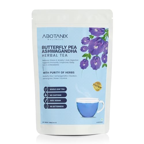 Image of ABOTANIX Butterfly Pea Herbal Tea 75g (40 Cups), Premium Ashwagandha Tea with Lemongrass, Rose, Licorice, Helps in Reducing Stress & Anxiety, Improves Sleep & Digestion, Immunity Booster, Antioxidants, Caffeine Free, No Sugar