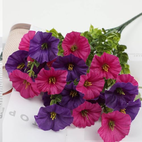12 Bundles Artificial Flowers for Outdoors Decoration, Fake Silk Morning Glory Flowers Faux Eucalyptus Plants UV Resistant for Patio Garden Home Decor (Hot Pink+Purple) image 7