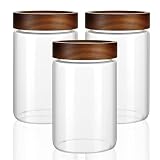 MOLADRI 3 Pack 28 fl oz/850 ml Clear Glass Storage Canister with Airtight Wooden Screw On Lid, Medium Decorative Glass Container Jar Set for Coffee, Candy, Cookie, Condiment, Pepper, Sugar, Oatmeal