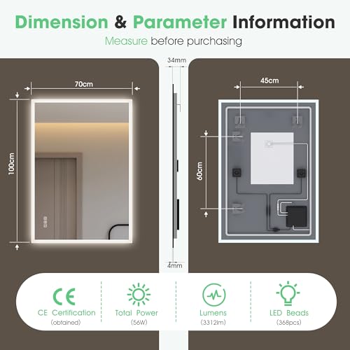 Miniatura 9 de S Bagno Espejo-Baño-Con-Luz, 100x70cm Espejo-Baño-Led-Bluetooth Con Antivaho, 3 Colores, Regulable, Memoria, Vidrio Templado Hd, Resistente Al Agua Ip44, Vertical Horizontal