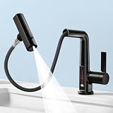 SINGSUO Bathroom Sink Faucet 1 Hole with Temperature Display, Single Hole Rotatable Bathroom Faucet with Pull Out Sprayer, Modern Pull Down...