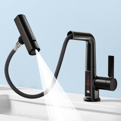 SINGSUO Bathroom Sink Faucet 1 Hole with Temperature Display, Single Hole Rotatable Bathroom Faucet with Pull Out Sprayer, Modern Pull Down Faucet with 360°Swivel Spout, 3 Spray Modes (Black) by SINGSUO - Used condition - CA$68.47