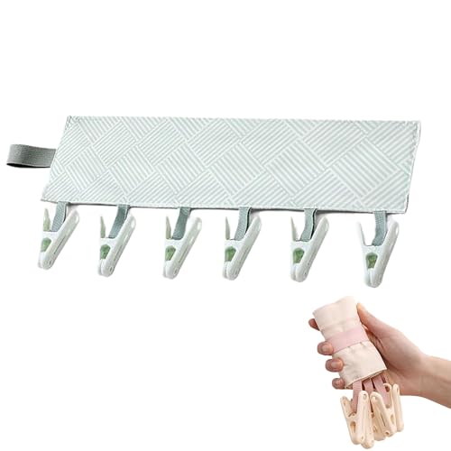 QEZEZA ハンガー 折りたたみハンガー 旅行用 布製 折り畳み式 携帯用 洗濯物干し 旅行用ハンガー 帽子掛け 6クリップ 軽量 収納 便利 耐久性 滑らない 省スペース 多機能 旅行/出張/家庭用(グリーン)