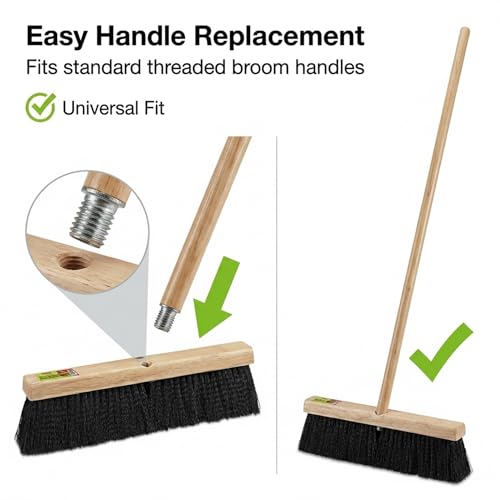 Image of Black Indoor Push Broom Head - Heavy Duty Hardwood Block - Polypropylene Bristles - Deck Scrub Brush - Two Threaded Handle Holes for Better Assist (12 inch)