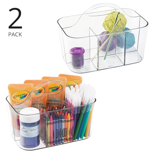 Image of mDesign Plastic Portable Craft Storage Organizer Caddy Tote, Divided Basket Bin w /Handle - Craft, Sewing, Art Supplies - Holds Brushes, Colored Pencils - Lumiere Collection - Clear, 2 Pack