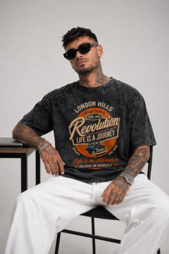 Image of London Hills Men's Oversized t Shirt for Men Graphic T-Shirt | Acid Wash Printed Men T-Shirts | Tshirt for man Round Neck Half Sleeve Pure Cotton Casual Mens tees | Off Shoulder Tshirt Shirts man