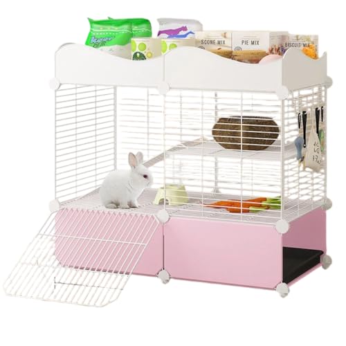 ACUOPNK ウサギケージ 家庭用室内 特大サイズ 二段式 噴尿防止 小型ペット用(ウサギ・モルモット・ネコ・トトロ向け) (ピンク)