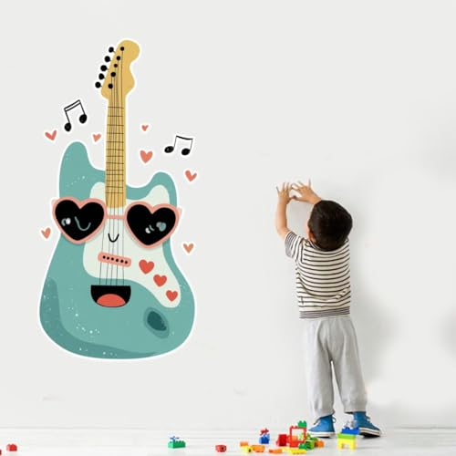Image of Cute Smiling Guitar Wall Sticker | Cartoon Music Theme Self Adhesive Wall Decal for Ki-ds Room, Bedroom, Nursery & Playroom Decoration