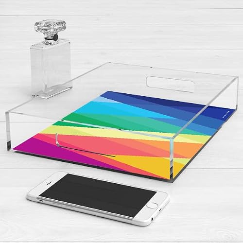 Art In A Table -11.8"X11.8" Decorative And Serving Square Tray With Self-Adhesive Vinyl Printing And Handles For Vanity Table, Kitchen- Reusable, Easy Cleaning, 4.5Mm Acrylic Thickness (Rainbow) #TOP1