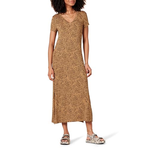 Amazon Essentials Vestido Midi de Punto de Manga Corta con Escote en Pico Mujer, Camel Oscuro Estampado de Animales, L