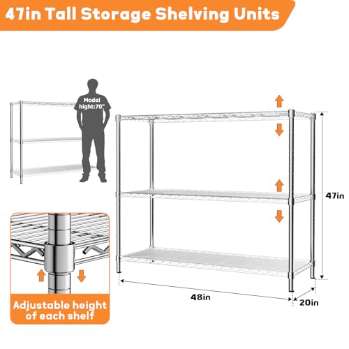 Image of ROOMTEC 3-Tier Wire Shelving Unit,48 inch W*20 inch D*47 inch H,Max Load 1200 lbs