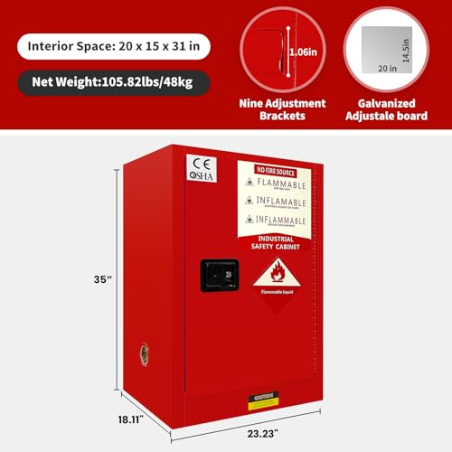 Image of 34 Gallon Flammable Cabinet 35H x 23.23W x 18.2D, Galvanized Steel Safety Storage Cabinet, Adjustable Shelf for Commercial Industrial Home Use (Red)