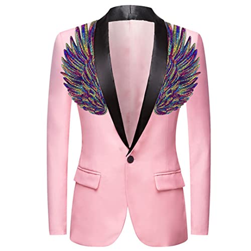 Mens Pink Wing Sequin Tuxedo Blazer Jacket One Button Shawl Collar Slim Fit Suit Blazer2