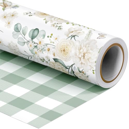 SHUCHING Reversible White Floral Wrapping Paper Roll for Girl-17In X 32.8Ft