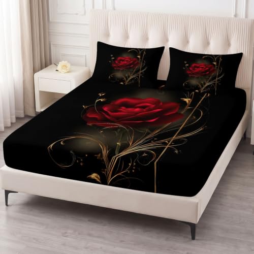 Sábana bajera ajustable de rosas rojas 180x200 para colchón de 30cm 5