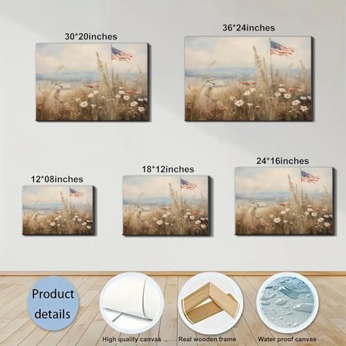 Image of Framed American Flag Wildflower Field Wall Art, Patriotic Rustic Canvas Art Pictures, USA Flag Coastal Meadow Wall Decor, Made in USA Ready to Hang for Living Room Bedroom