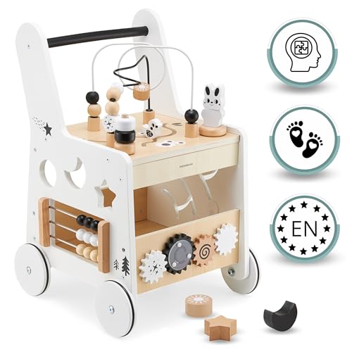 Mamabrum Wooden Baby Walker with Wheels 6-in-1 - Push Along Toy 12+ Months - Baby Activity Centre Walker with Shape Sorter, Bead Mazes, Abacus and Gears and Stacking Blocks - Image 3