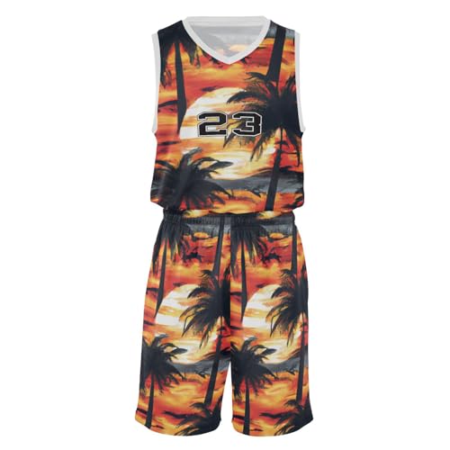 FLildon Tropical Sunset Palm Trees Boys Basketball Jersey Set Tank Top Shorts Tracksuit Sport Training Suit for Kids