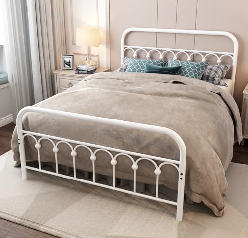 YALAXON Marco de cama de metal resistente vintage de tamaño matrimonial con cabecero y estribo, base de cama básica, no necesita somier (matrimonial, blanco)