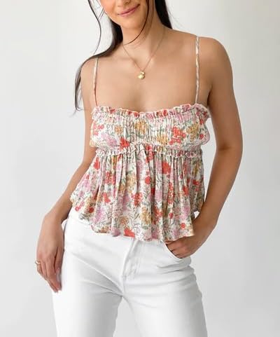 Women Y2k Floral Babydoll Tank Top Spaghetti Strap V Neck Ruffle Peplum Cami Top Summer Going Out Camisoles - Image 4