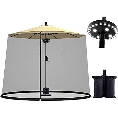 Patio Umbrella Mosquito Nets and Pole Light Kit | Canopy Polyester Net with Zipper Door and Adjustable Rope | Fits 8-10FT Outdoor Umbrellas and Patio Tables | Cordless 28 LED Lights 200 lumens Cover