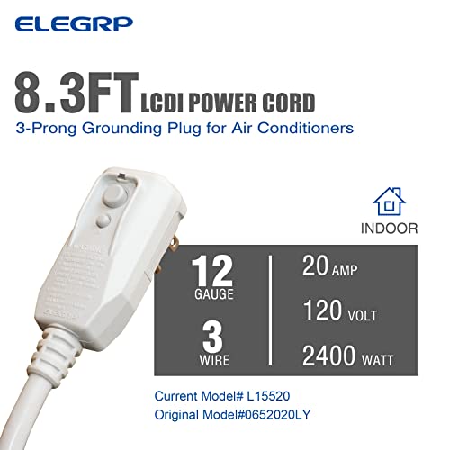 Elegrp L15520 12Awg Lcdi Power Cord Plug For A/C Air Conditioner, E250451 Ul Certified, 8.3Ft Leakage Current Detection Interrupter Replacement, 120Vac 20Amp 2400W 60Hz Nema 5-20P (1 Pack) #TOP1