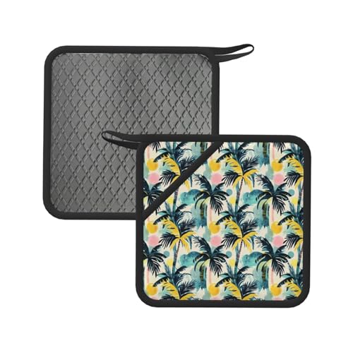 Soportes para ollas con estampado de silueta de plantas hawaianas para cocina, 2 soportes de silicona con lazo para colgar, almohadillas antideslizantes para horno, agarraderas resistentes al calor