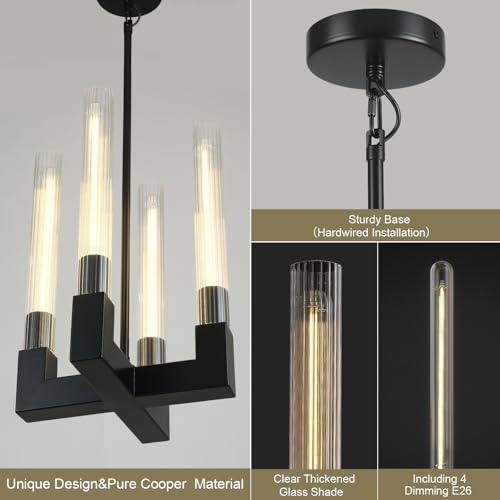 Glass Tube Black Pendant Lights Kitchen Island,4-Light Modern Farmhouse Pendant Light,Black Copper Kitchen Pendant Lighting Over Island,Indoor Chandeliers for Dining Room,Bedroom,Entryway