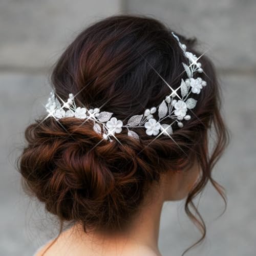 Unicra Bijoux de cheveux de mariage en argent Bandeau de cheveux de mariée Accessoires de cheveux de fleurs pour la mariée et la fille