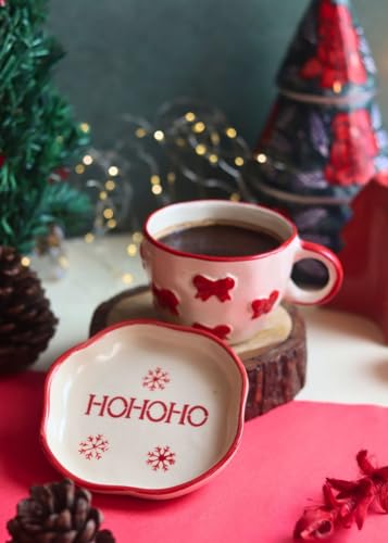 Image of WEAVING HOMES Handcrafted Ceramic Mug & Dessert Plate to Gift to Best Friend and Love Microwave Safe Bow Mug & HOHOHO Handmade Dessert Plate (Set of 2, Multicolor)