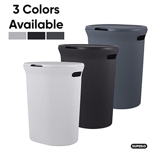 Image of Superio Ribbed Collection - Decorative Plastic Laundry Hamper with Lid and Cut-Out Handles, Grey (1 Pack) Basket Organzier for Bedroom Bathroom College Dorm Room 40 Liter