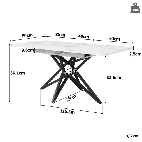 STAPERFO Table à manger extensible 120/160 cm avec pieds en métal en forme d'étoile - Table de cuisine avec décor en marbre - Table de salle à manger peu encombrante pour 6 à 8 personnes - Noir/blanc