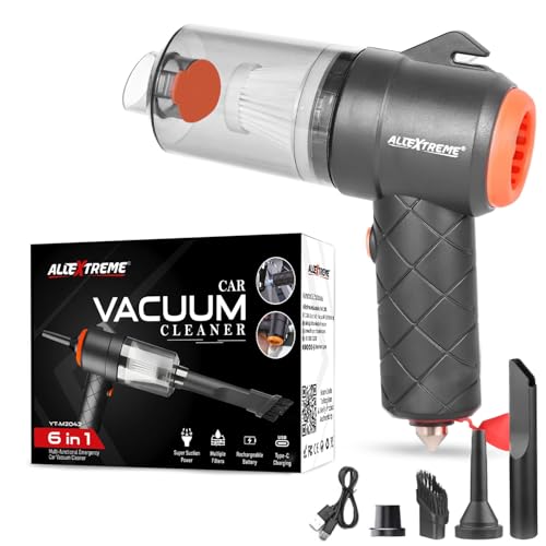 Image of Allextreme 6-in-1 Vacuum Cleaner with Filter 4 Nozzles USB Cable Hammer Seat Belt Cutter Power Suction Rechargeable Battery Mini Car Air Blower for Dry Cleaning Home Office Traveling (1Pc, Multicolor)