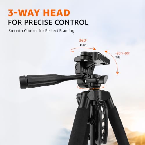 Image of Amazon Basics 55-Inch Aluminium Tripod, Lightweight Portable Camera Tripod Stand with Carry Bag, 3-Way Pan Head, Quick Release Plate, for Smartphones, GoPro & DSLR, Load Capacity up to 5kg