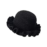 Sakinre Women's Crochet Ruffled Bucket Hat - Winter Fashion Knitted Hat Foldable Wide Brim Fisherman Beanie Cap Stretchy Knit Hat (US, Alpha, One Size, Black)
