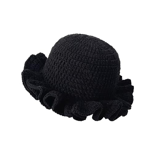 Sakinre Women's Crochet Ruffled Bucket Hat - Winter Fashion Knitted Hat Foldable Wide Brim Fisherman Beanie Cap Stretchy Knit Hat (US, Alpha, One Size, Black)