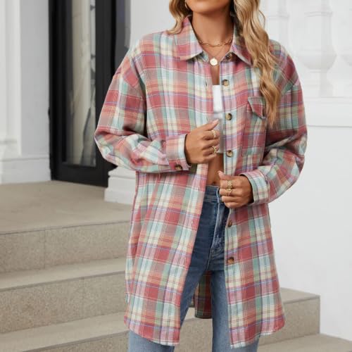 Flannel Plaid Shirts Womens Fall Casual Long Sleeve Button Down Tops Teacher Clothes Thanksgiving Cotton Sweatshirt Tee Y2K Pink - image 6