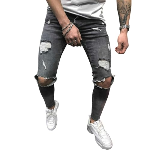 Pants Jeans Denim Trousers Ripped Worn Hole Street Trendy Elastic Tight Fitting Washed for Men